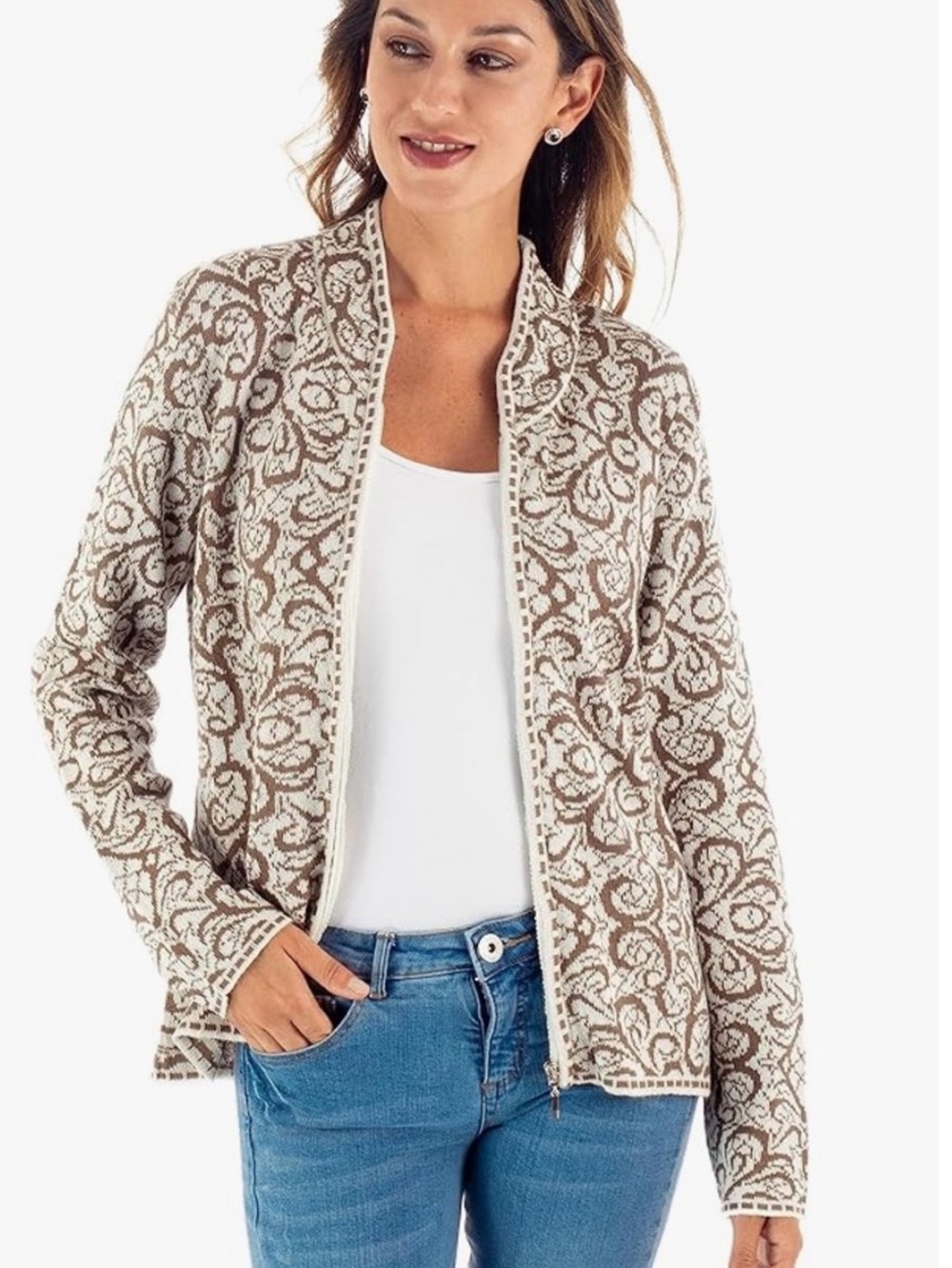 Novica Peru Alpaca Jauju Full Zip Sweater Brown Cream Cardigan Women's Small S